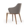 Fabric and Leatherette Dining Chair with Wooden Legs, Beige and Gray
