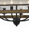 6 Bulb Square Chandelier with Wooden Frame and Organza Striped Shade, Brown