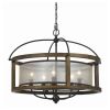 5 Bulb Round Chandelier with Wooden Frame and Organza Striped Shade, Brown