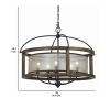 5 Bulb Round Chandelier with Wooden Frame and Organza Striped Shade, Brown