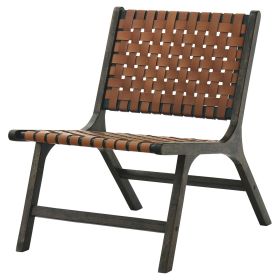 Wooden Frame Accent Chair with Leather Stripe Woven Pattern, Brown