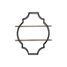 2 Tier Wooden Wall Shelf with Quatrefoil Design Open Metal Frame, Black