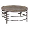 Wood Top Round Cocktail Table with Metal Base, Brown and Gray