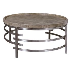 Wood Top Round Cocktail Table with Metal Base, Brown and Gray