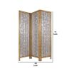 3 Panel Wooden Screen with Pearl Motif Accent, Brown and Silver