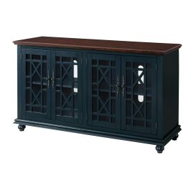 63 Inch Traditional Wooden TV Stand with Turned Leg, Brown and Blue