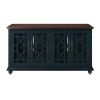 63 Inch Traditional Wooden TV Stand with Turned Leg, Brown and Blue