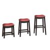 18 Inch Wooden Stool with Upholstered Cushion Seat, Set of 2, Gray and Red