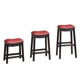 18 Inch Wooden Stool with Upholstered Cushion Seat, Set of 2, Gray and Red