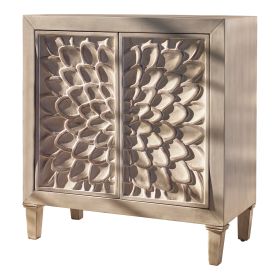 2 Door Wooden Accent Cabinet with Floral Carving, Distressed Whitewash