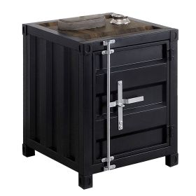 Industrial Style End Table with Sliding Door Storage, Black