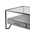 48 Inch Metal Coffee Table with Glass Top and 2 Drawers, Gray