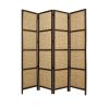 4 Panel Wooden Framed Screen with Sea Grass Woven Design, Brown