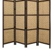 4 Panel Wooden Framed Screen with Sea Grass Woven Design, Brown
