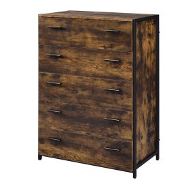 Nat 48 Inch Rustic Wood Chest, 5 Drawers, Brown and Black