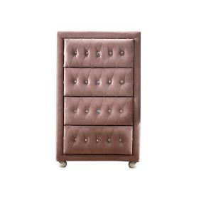 Rex 38 Inch Tall Upholstered Dresser Chest, 4 Drawer, Crystal Handles, Pink