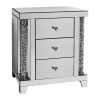 Noe 26 Inch 3 Drawer Accent Table Nightstand, Mirrored, Faux Diamond Inlay, Silver