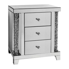 Noe 26 Inch 3 Drawer Accent Table Nightstand, Mirrored, Faux Diamond Inlay, Silver