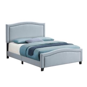 Alex King Size Bed, Slate Blue Fabric Upholstered, Nailhead Trim