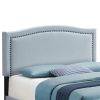 Alex King Size Bed, Slate Blue Fabric Upholstered, Nailhead Trim