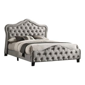 87 Inch Classic Upholstered Queen Size Bed, Scalloped, Button Tufted, Gray