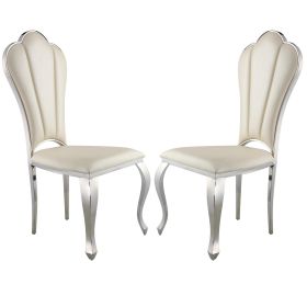 Kuri 23 Inch Dining Chair, Scalloped Back, Vegan Leather, Set of 2, Beige
