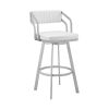 Blake 26 Inch Swivel Counter Stool, Open Back, Silver, White Faux Leather