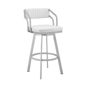 Blake 26 Inch Swivel Counter Stool, Open Back, Silver, White Faux Leather