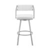 Blake 26 Inch Swivel Counter Stool, Open Back, Silver, White Faux Leather