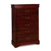 Liam 48 Inch 5 Drawer Wood Tall Dresser Chest, Molded Trim, Cherry Brown
