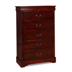 Liam 48 Inch 5 Drawer Wood Tall Dresser Chest, Molded Trim, Cherry Brown