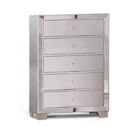 Eli 46 Inch Deluxe Wood 5 Drawer Tall Dresser Chest, Mirrored Trim, Silver