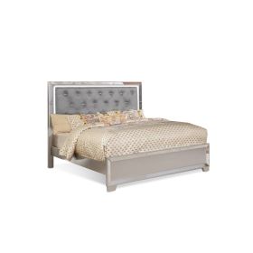 Eli Crystal Tufted Queen Bed, LED, Mirror Inlays, Wood, Gray Velvet, Silver