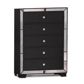 Eli 46 Inch Deluxe 5 Drawer Tall Dresser Chest, Mirrored Trim, Wood, Black