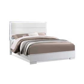 Vin Modern Queen Size Bed, Panel Headboard, LED Light, Crisp White Finish