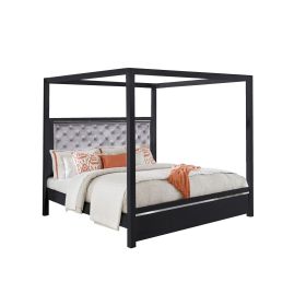 Abrie Solid Wood Canopy Queen Bed, Button Tufted, Touch LED, Dark Gray