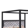 Abrie Solid Wood Canopy Queen Bed, Button Tufted, Touch LED, Dark Gray