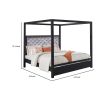 Abrie Solid Wood Canopy Queen Bed, Button Tufted, Touch LED, Dark Gray