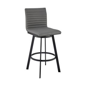 Aron 30 Inch Bar Height Swivel Stool, Vegan Faux Leather, Gray, Black