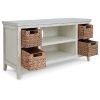 Anya 47 Inch Rustic TV Entertainment Console, Open Shelf, 4 Baskets, White