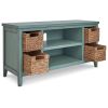 Anya 47 Inch Rustic TV Entertainment Console,  Open Shelf, 4 Baskets, Blue