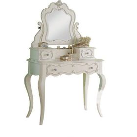 63 Inch Wood Classic Vanity Desk with Mirror, 3 Drawers, Carved, White