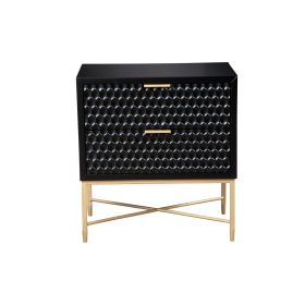 Rexi 26 Inch 2 Drawer Nightstand, Honeycomb, Mahogany Wood, Black, Gold