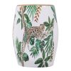 18 Inch Ceramic Accent Table, Drum Shape, Tropical Print, White, Green