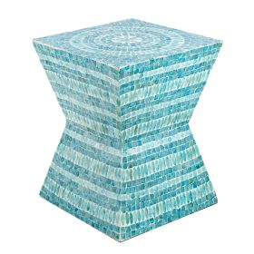 14 Inch Capiz Accent Table Stool, Blue Mosaic Geometric Hourglass Shape