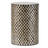 20 Inch Stool Table, Round Wood Design, Modern, Capiz Inlay, Black, White