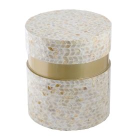 16 Inch Stool Table, Wood, Capiz Shell Leaf Inlay, Modern, Gold Band, Brown