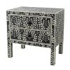 24 Inch Storage Chest, 2 Drawers, Bone Inlay, Floral Pattern, Modern, Black