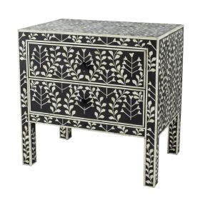 24 Inch Storage Chest, 2 Drawers, Bone Inlay, Floral Pattern, Modern, Black