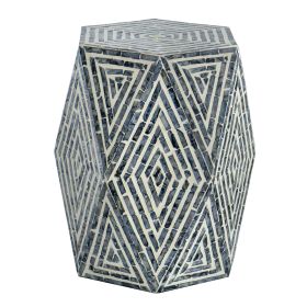 18 Inch Accent Table Stool, Hexagonal Design, Diamond Pattern, Blue, White